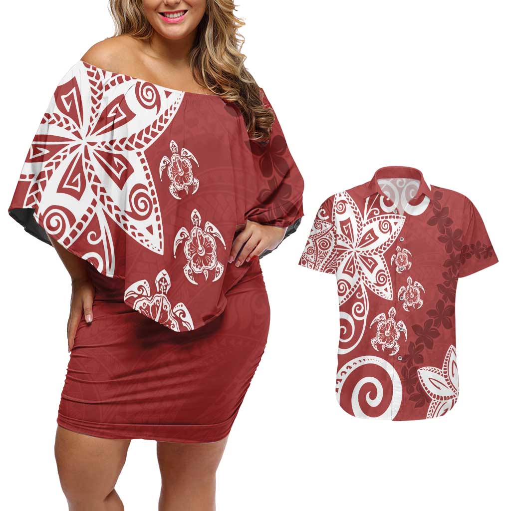 Polynesia Couples Matching Off Shoulder Short Dress and Hawaiian Shirt Red Tribal Turtle Floral Pattern
