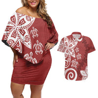 Polynesia Couples Matching Off Shoulder Short Dress and Hawaiian Shirt Red Tribal Turtle Floral Pattern