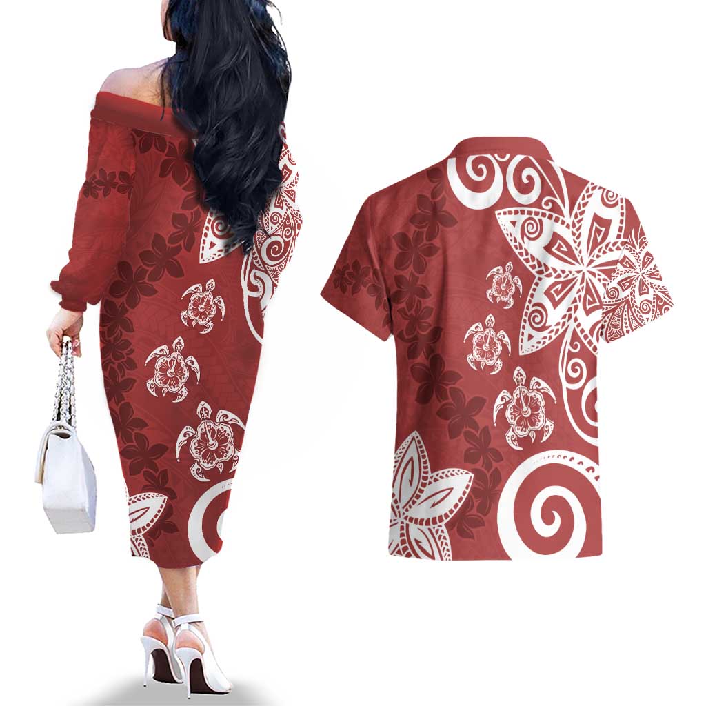 Polynesia Couples Matching Off The Shoulder Long Sleeve Dress and Hawaiian Shirt Red Tribal Turtle Floral Pattern