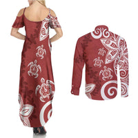 Polynesia Couples Matching Summer Maxi Dress and Long Sleeve Button Shirt Red Tribal Turtle Floral Pattern LT05 - Polynesian Pride