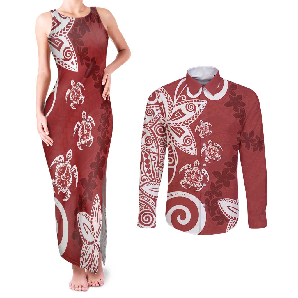 Polynesia Couples Matching Tank Maxi Dress and Long Sleeve Button Shirt Red Tribal Turtle Floral Pattern LT05 Red - Polynesian Pride