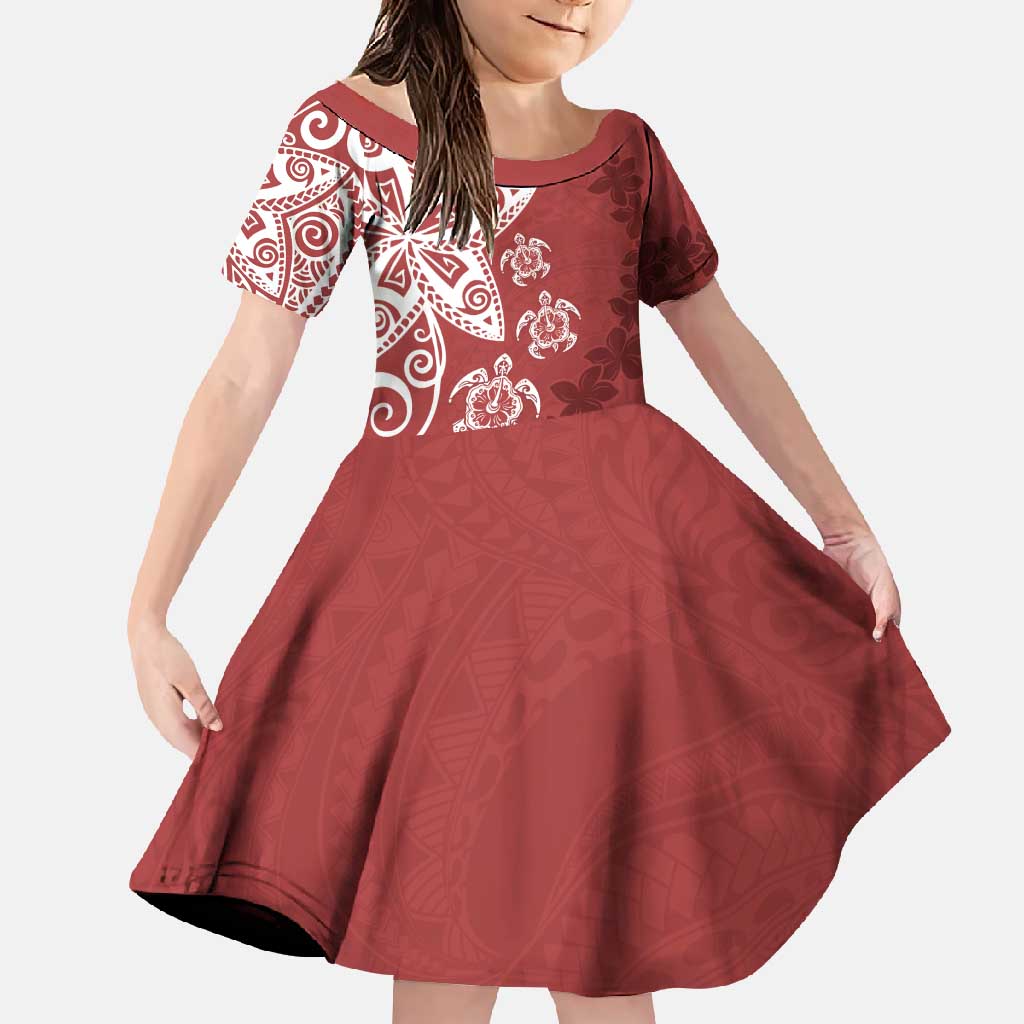 Polynesia Family Matching Long Sleeve Bodycon Dress and Hawaiian Shirt Red Tribal Turtle Floral Pattern LT05 Daughter's Dress Red - Polynesian Pride