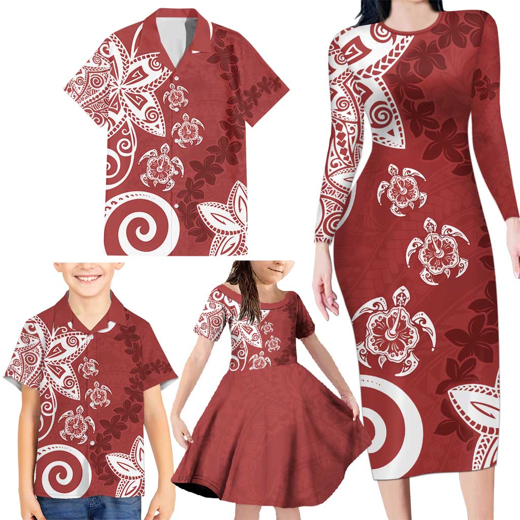 Polynesia Family Matching Long Sleeve Bodycon Dress and Hawaiian Shirt Red Tribal Turtle Floral Pattern LT05 - Polynesian Pride