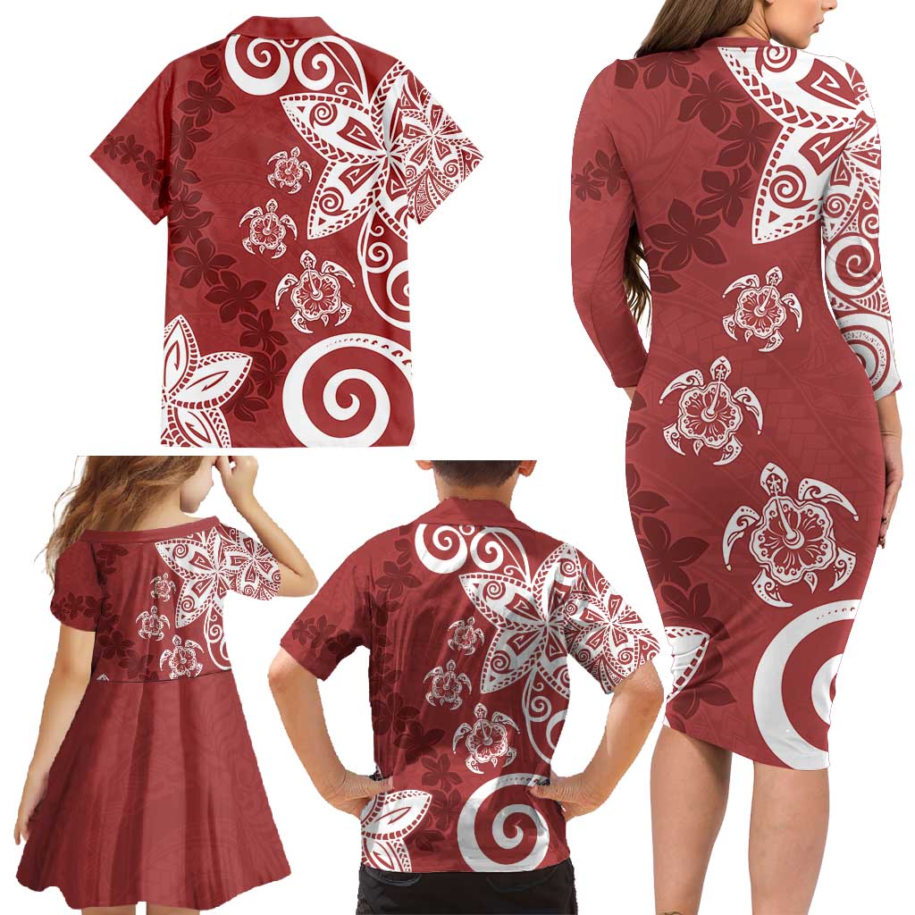 Polynesia Family Matching Long Sleeve Bodycon Dress and Hawaiian Shirt Red Tribal Turtle Floral Pattern LT05 - Polynesian Pride