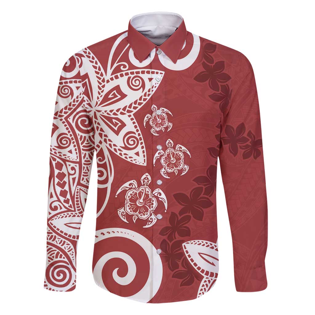 Polynesia Family Matching Long Sleeve Bodycon Dress and Hawaiian Shirt Red Tribal Turtle Floral Pattern LT05 Dad's Shirt - Long Sleeve Red - Polynesian Pride