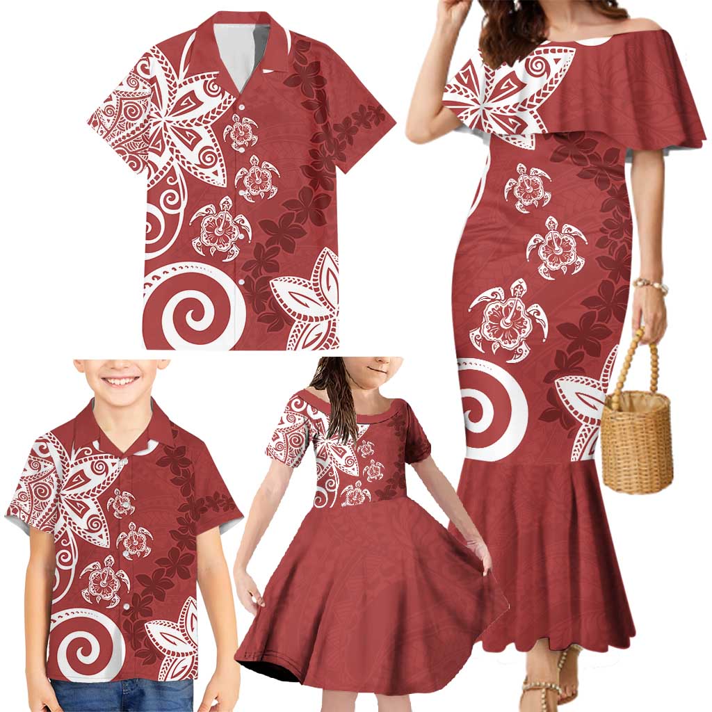 Polynesia Family Matching Mermaid Dress and Hawaiian Shirt Red Tribal Turtle Floral Pattern LT05 - Polynesian Pride