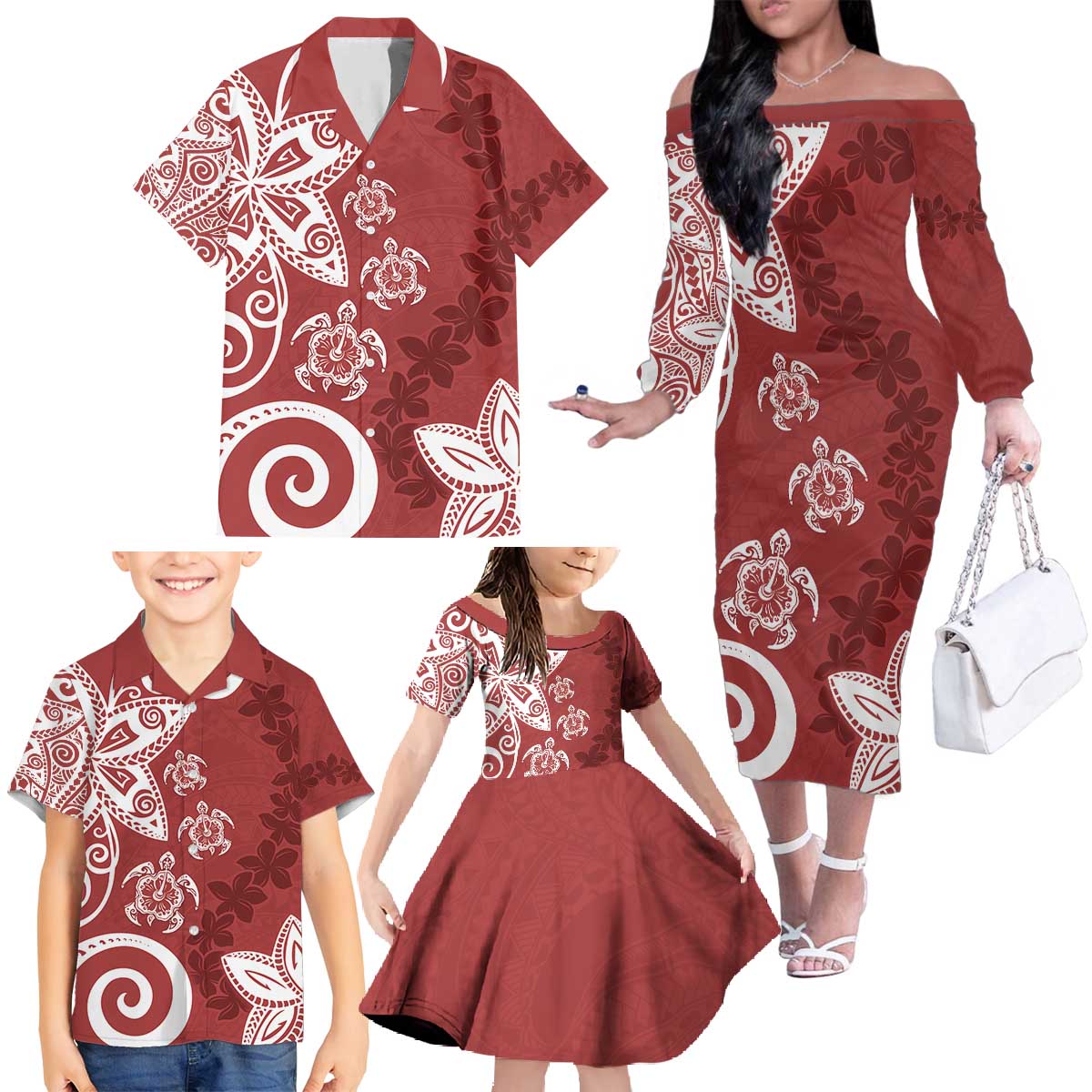 Polynesia Family Matching Off The Shoulder Long Sleeve Dress and Hawaiian Shirt Red Tribal Turtle Floral Pattern LT05 - Polynesian Pride
