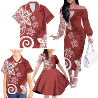 Polynesia Family Matching Off The Shoulder Long Sleeve Dress and Hawaiian Shirt Red Tribal Turtle Floral Pattern LT05 - Polynesian Pride