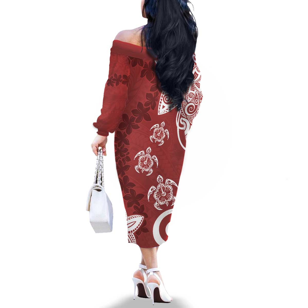 Polynesia Family Matching Off The Shoulder Long Sleeve Dress and Hawaiian Shirt Red Tribal Turtle Floral Pattern LT05 - Polynesian Pride