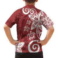 Polynesia Family Matching Off Shoulder Short Dress and Hawaiian Shirt Red Tribal Turtle Floral Pattern