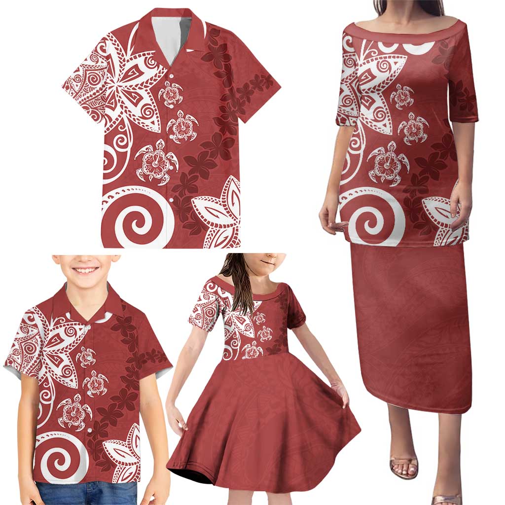 Polynesia Family Matching Puletasi and Hawaiian Shirt Red Tribal Turtle Floral Pattern LT05 - Polynesian Pride