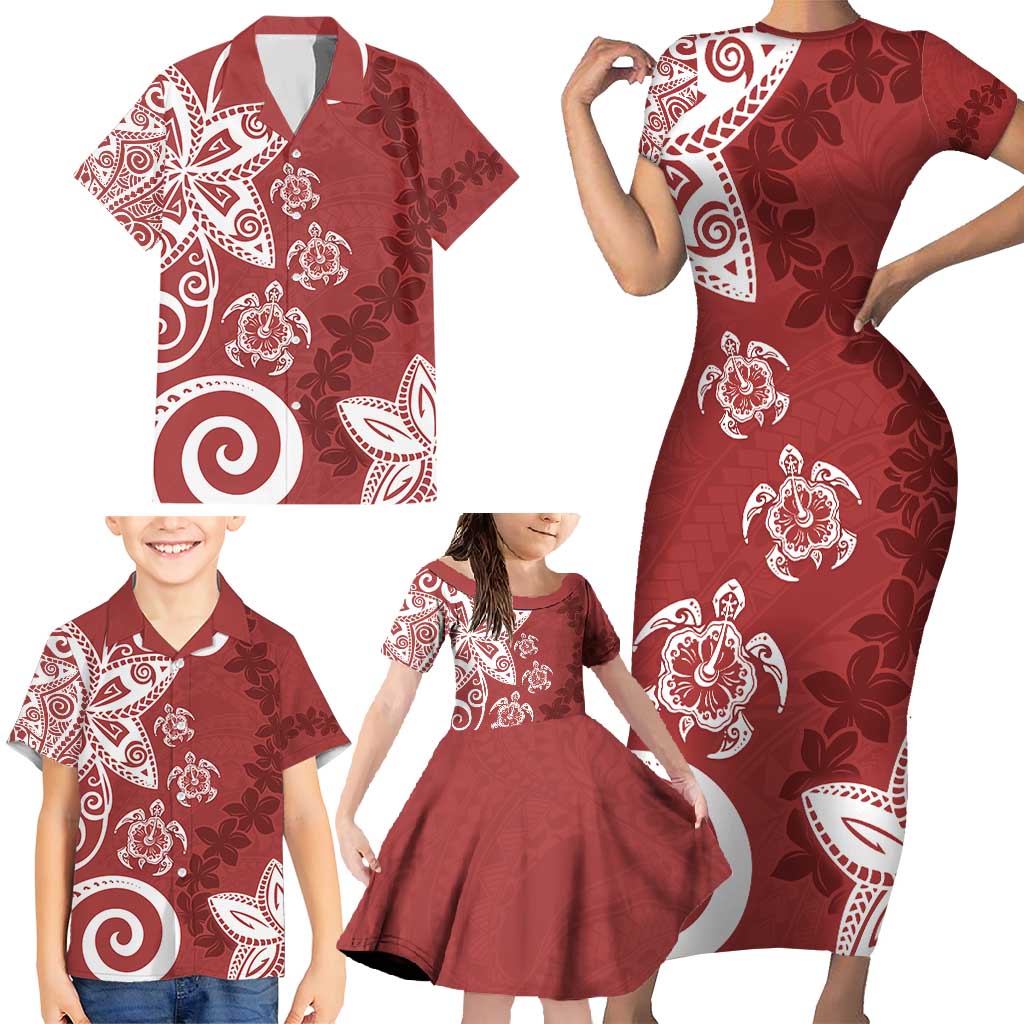Polynesia Family Matching Short Sleeve Bodycon Dress and Hawaiian Shirt Red Tribal Turtle Floral Pattern LT05 - Polynesian Pride