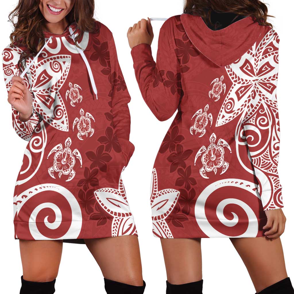 Polynesia Hoodie Dress Red Tribal Turtle Floral Pattern LT05 - Polynesian Pride
