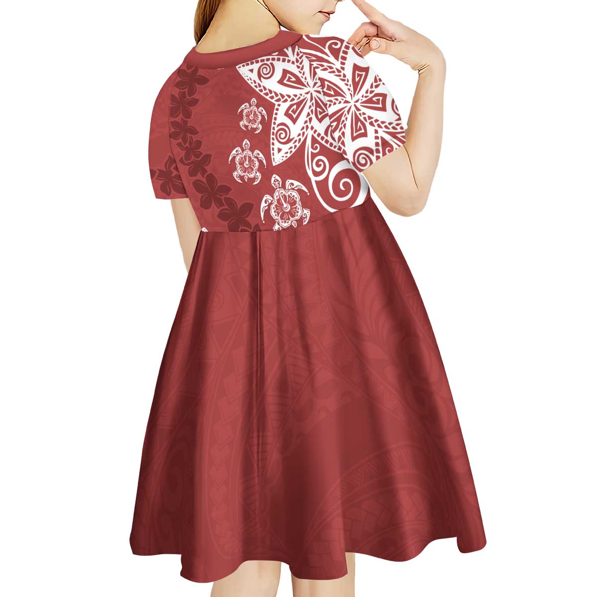 Polynesia Kid Short Sleeve Dress Red Tribal Turtle Floral Pattern