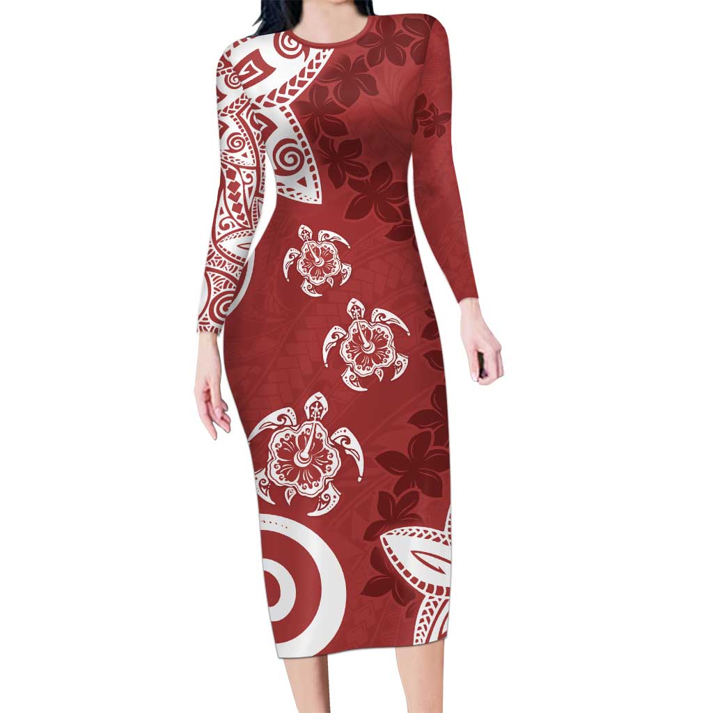 Polynesia Long Sleeve Bodycon Dress Red Tribal Turtle Floral Pattern LT05 Long Dress Red - Polynesian Pride
