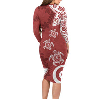 Polynesia Long Sleeve Bodycon Dress Red Tribal Turtle Floral Pattern LT05 - Polynesian Pride