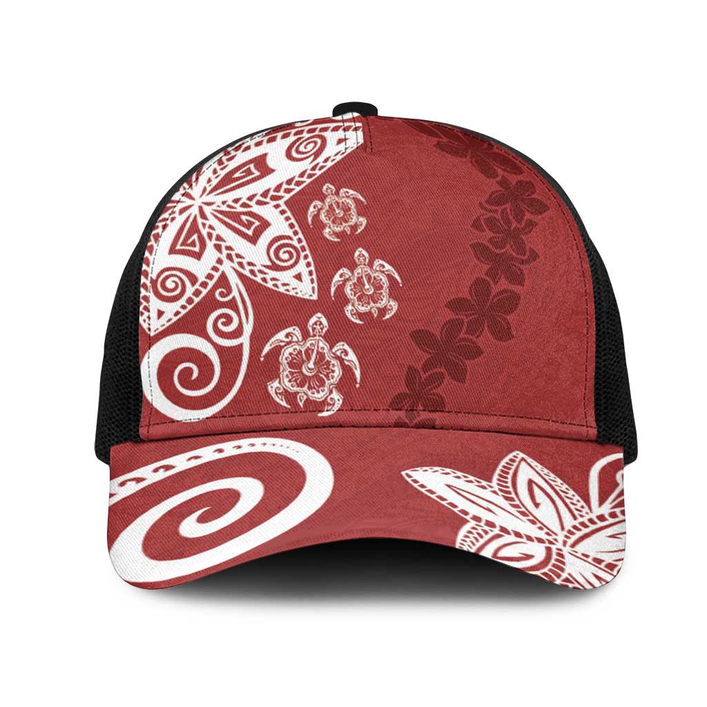 Polynesia Mesh Trucker Cap Red Tribal Turtle Floral Pattern - Polynesian Pride