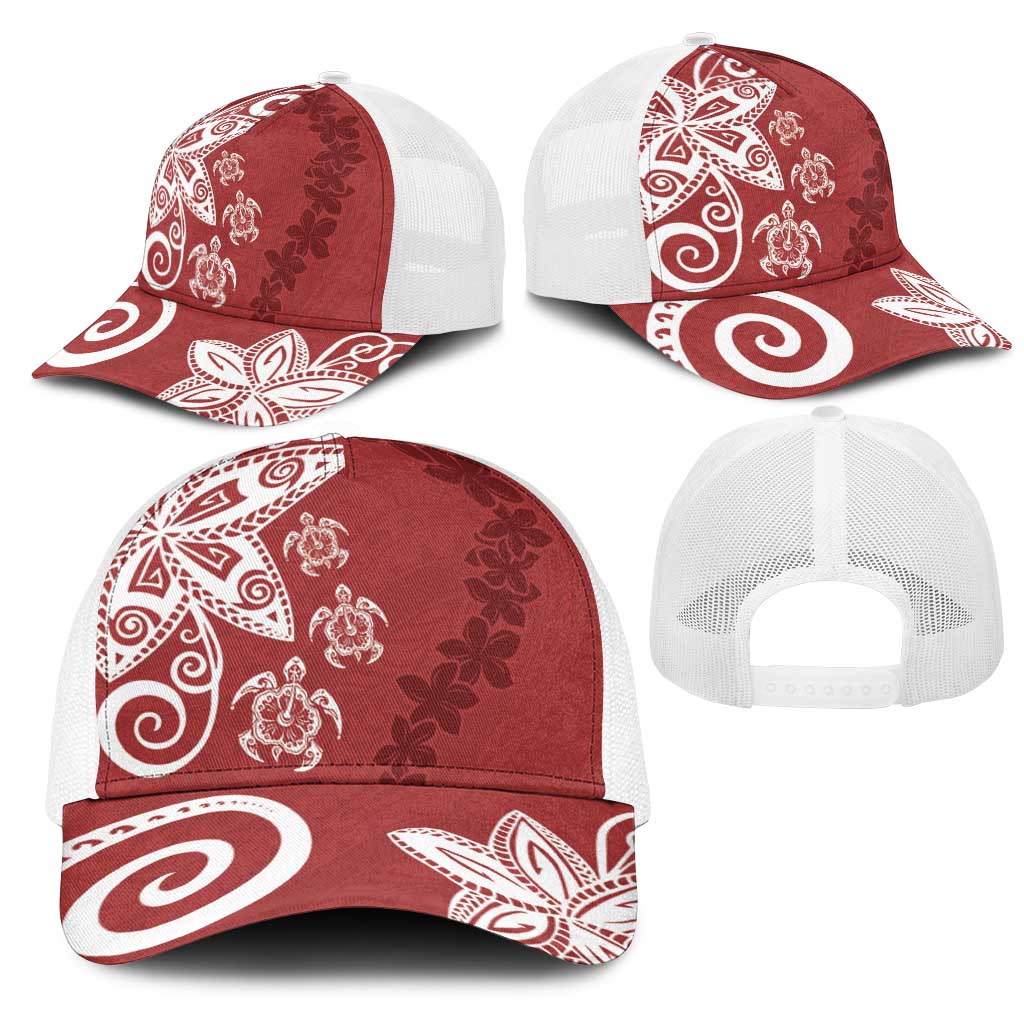 Polynesia Mesh Trucker Cap Red Tribal Turtle Floral Pattern - Polynesian Pride
