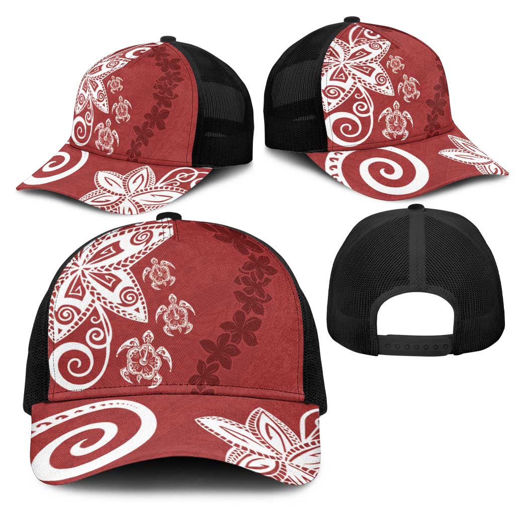 Polynesia Mesh Trucker Cap Red Tribal Turtle Floral Pattern - Polynesian Pride