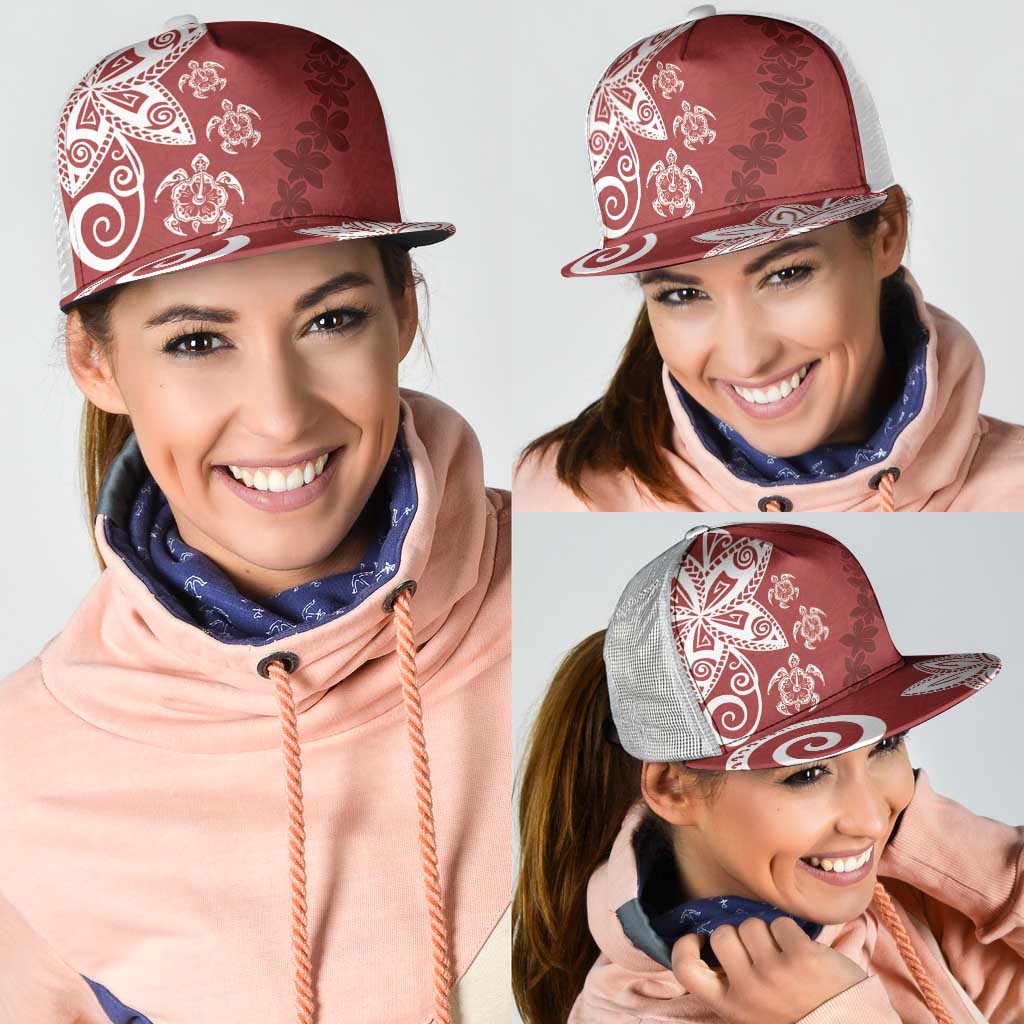 Polynesia Mesh Trucker Cap Red Tribal Turtle Floral Pattern - Polynesian Pride
