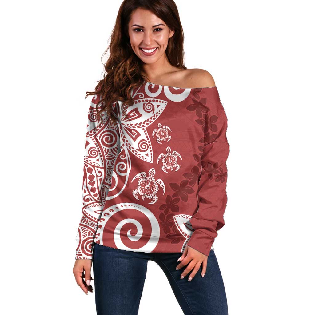 Polynesia Off Shoulder Sweater Red Tribal Turtle Floral Pattern LT05 Women Red - Polynesian Pride