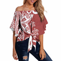 Polynesia Off Shoulder Wrap Waist Top Red Tribal Turtle Floral Pattern LT05 - Polynesian Pride