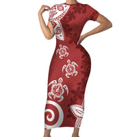 Polynesia Short Sleeve Bodycon Dress Red Tribal Turtle Floral Pattern LT05 Long Dress Red - Polynesian Pride