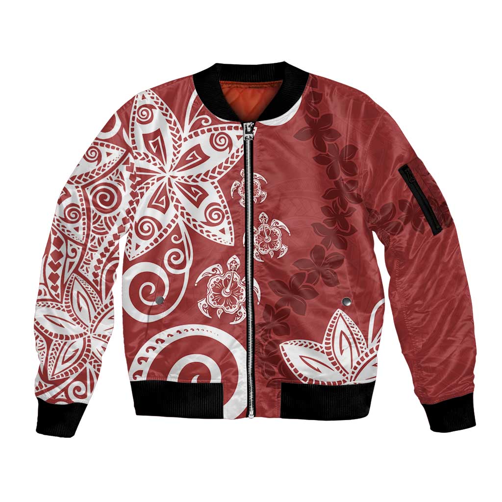 Polynesia Sleeve Zip Bomber Jacket Red Tribal Turtle Floral Pattern LT05 Unisex Red - Polynesian Pride