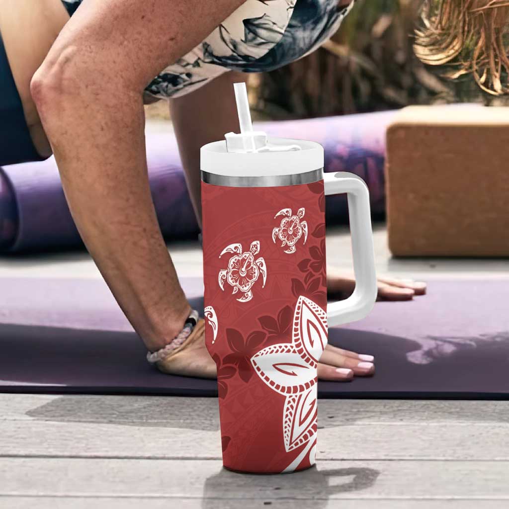 Polynesia Tumbler With Handle Red Tribal Turtle Floral Pattern