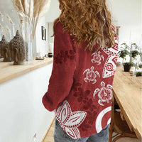 Polynesia Women Casual Shirt Red Tribal Turtle Floral Pattern LT05 - Polynesian Pride