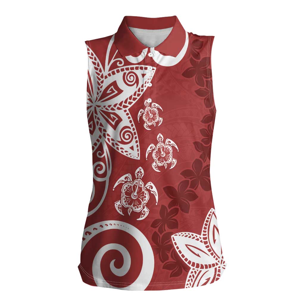 Polynesia Women Sleeveless Polo Shirt Red Tribal Turtle Floral Pattern LT05 Female Red - Polynesian Pride