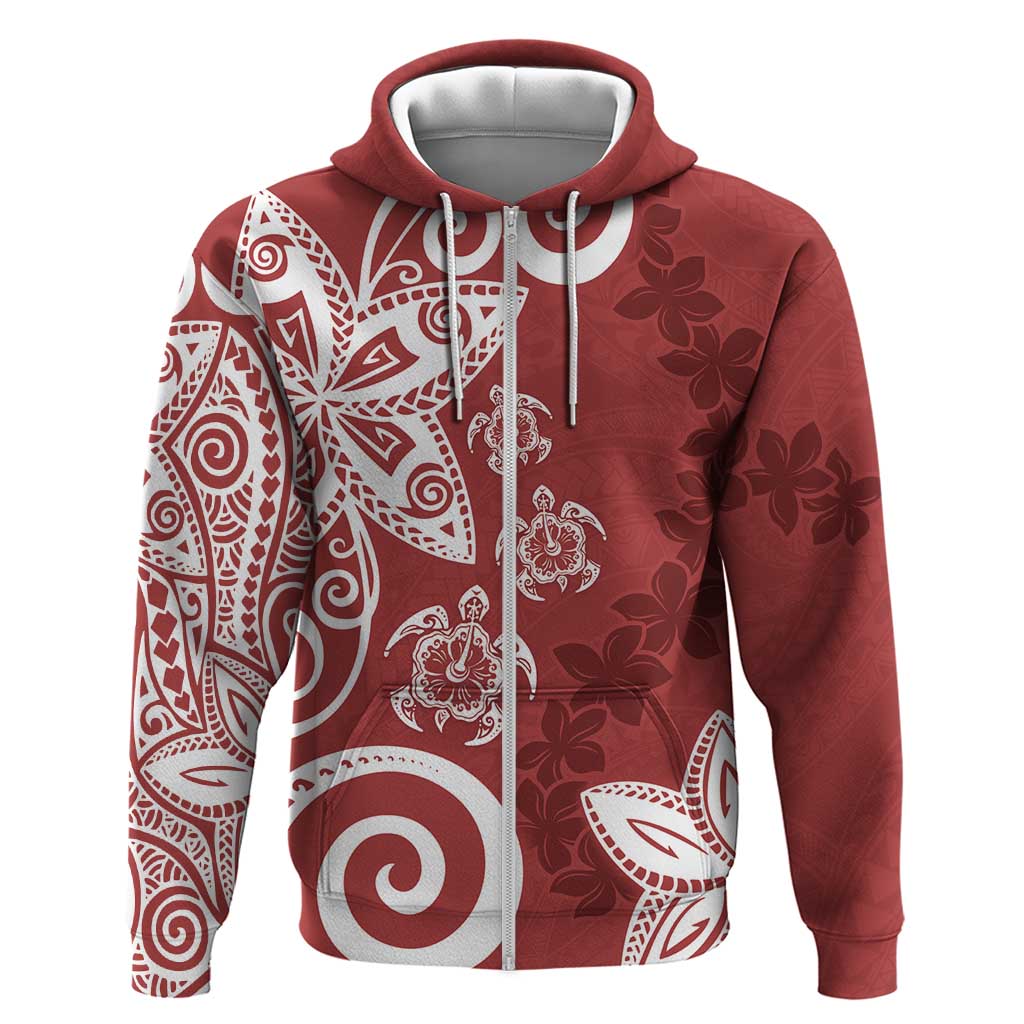 Polynesia Zip Hoodie Red Tribal Turtle Floral Pattern LT05 Zip Hoodie Red - Polynesian Pride