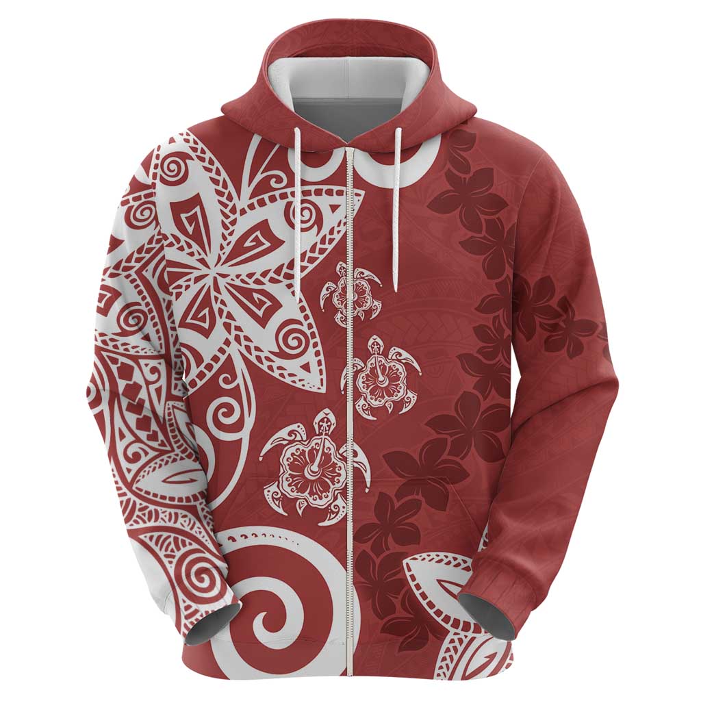 Polynesia Zip Hoodie Red Tribal Turtle Floral Pattern LT05 - Polynesian Pride