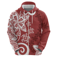 Polynesia Zip Hoodie Red Tribal Turtle Floral Pattern LT05 - Polynesian Pride