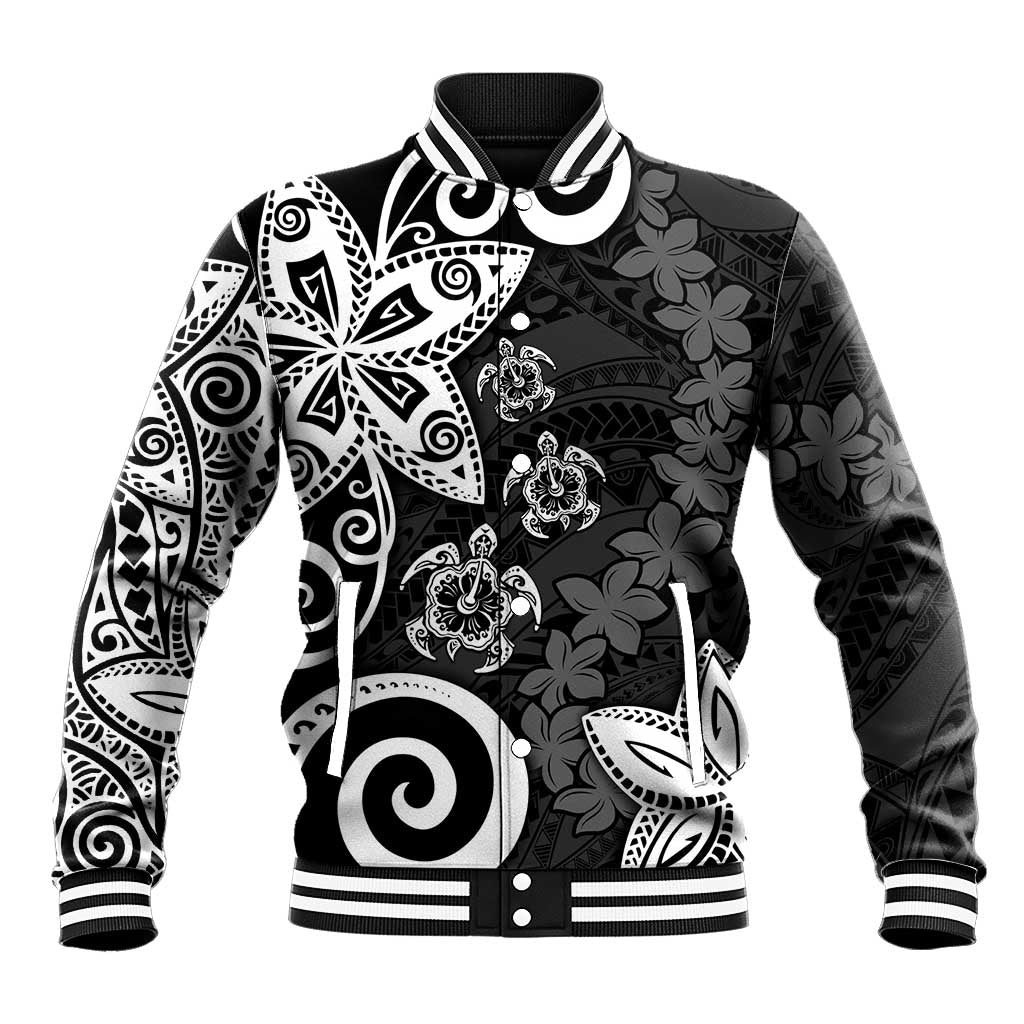 Polynesia Baseball Jacket Black Tribal Turtle Floral Pattern