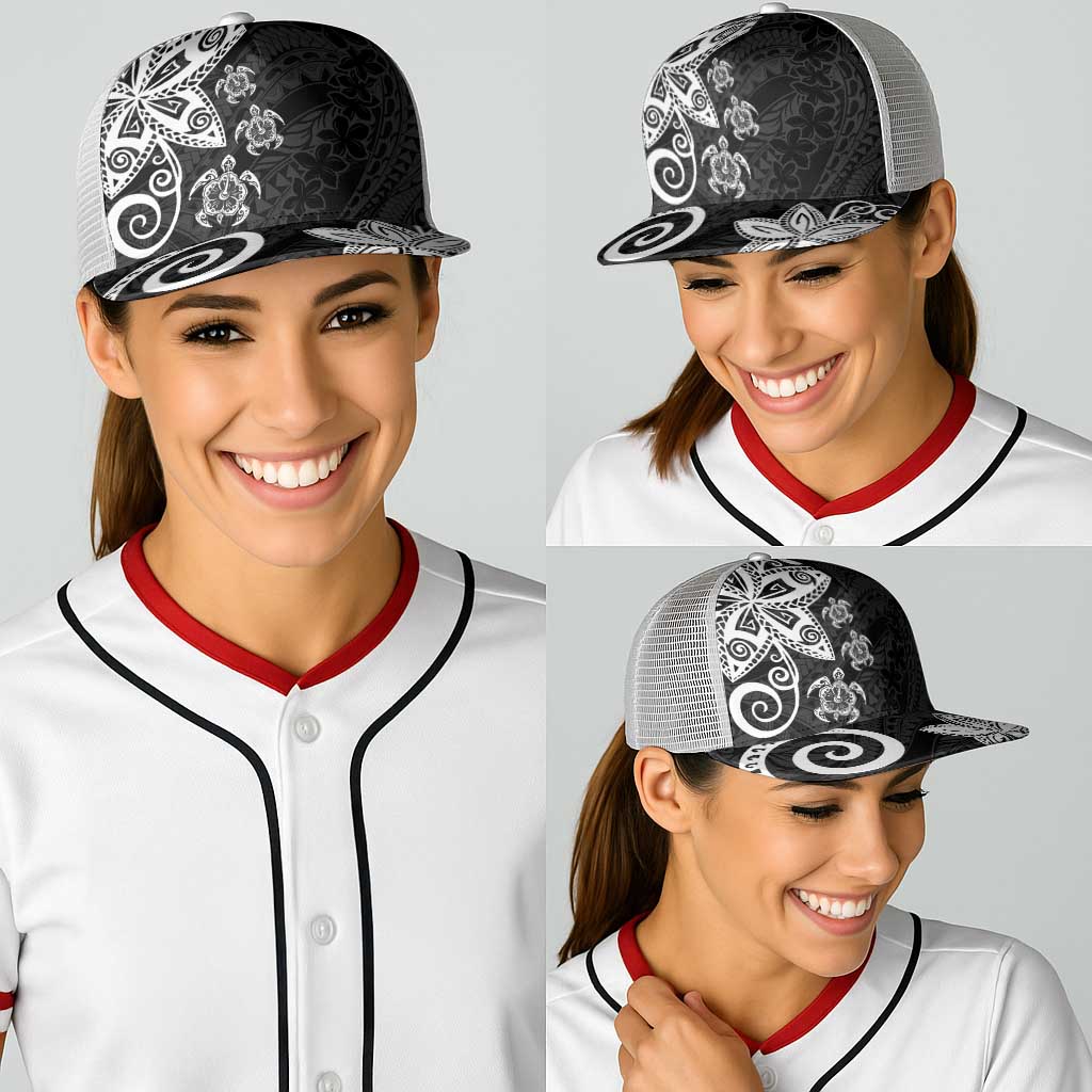 Polynesia Baseball Net Cap Black Tribal Turtle Floral Pattern - Polynesian Pride