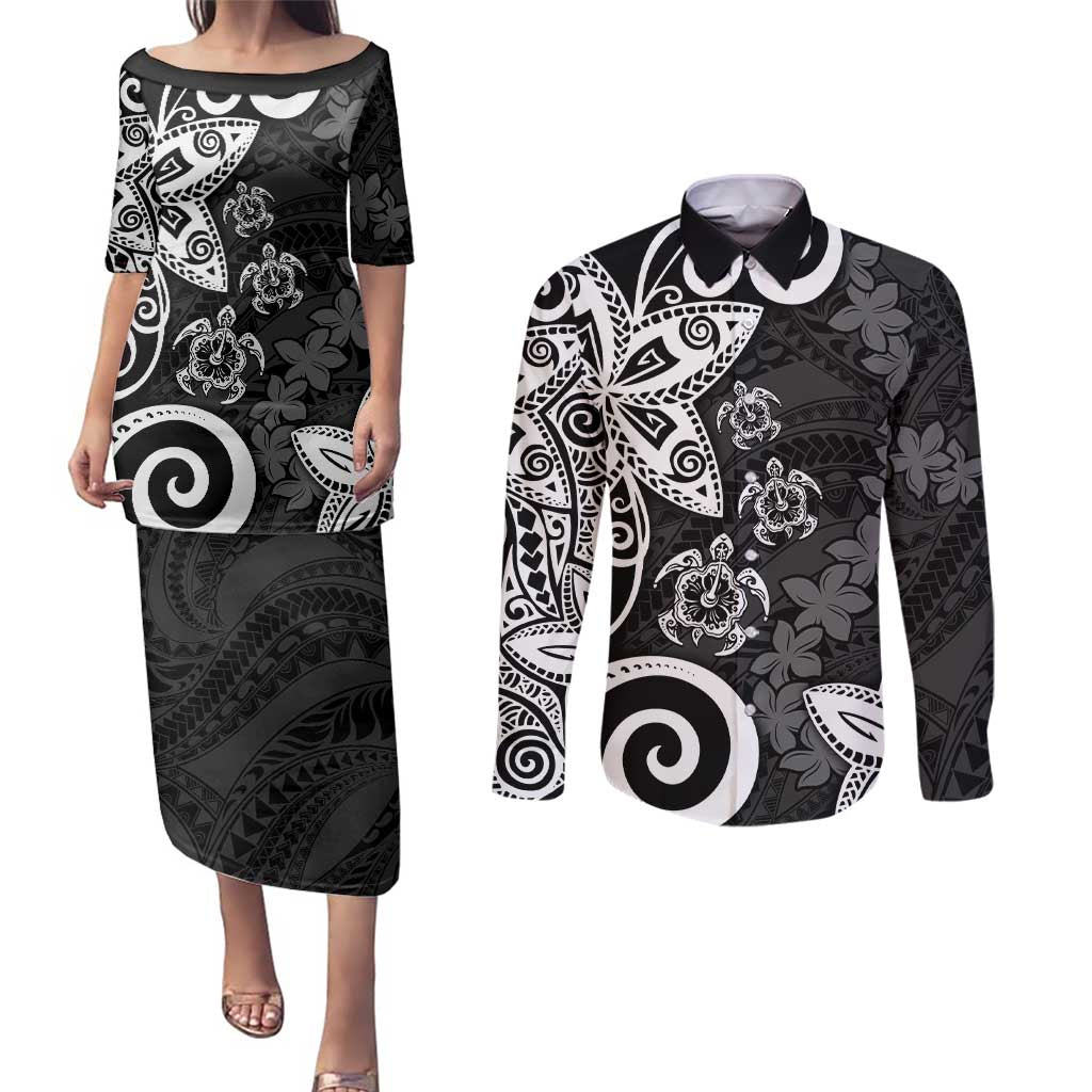 Polynesia Couples Matching Puletasi and Long Sleeve Button Shirt Black Tribal Turtle Floral Pattern LT05 Black - Polynesian Pride
