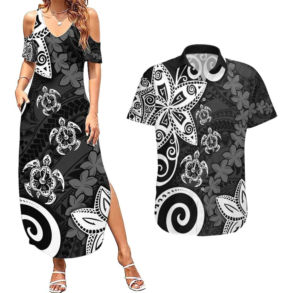 Polynesia Couples Matching Summer Maxi Dress and Hawaiian Shirt Black Tribal Turtle Floral Pattern LT05 Black - Polynesian Pride