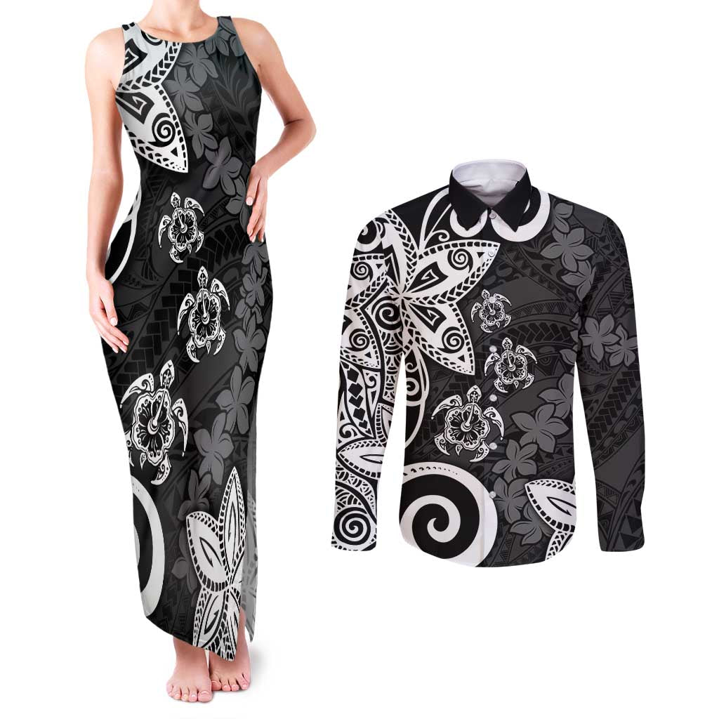 Polynesia Couples Matching Tank Maxi Dress and Long Sleeve Button Shirt Black Tribal Turtle Floral Pattern LT05 Black - Polynesian Pride