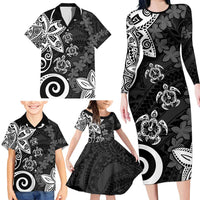 Polynesia Family Matching Long Sleeve Bodycon Dress and Hawaiian Shirt Black Tribal Turtle Floral Pattern LT05 - Polynesian Pride