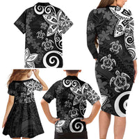 Polynesia Family Matching Long Sleeve Bodycon Dress and Hawaiian Shirt Black Tribal Turtle Floral Pattern LT05 - Polynesian Pride