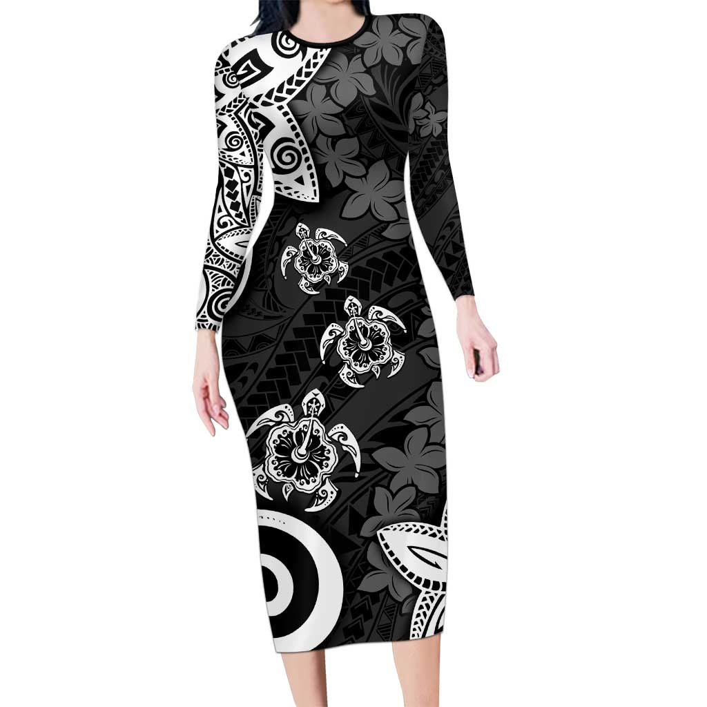 Polynesia Family Matching Long Sleeve Bodycon Dress and Hawaiian Shirt Black Tribal Turtle Floral Pattern LT05 Mom's Dress Black - Polynesian Pride