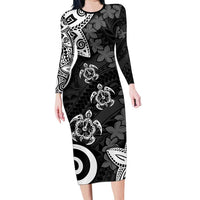 Polynesia Family Matching Long Sleeve Bodycon Dress and Hawaiian Shirt Black Tribal Turtle Floral Pattern LT05 Mom's Dress Black - Polynesian Pride