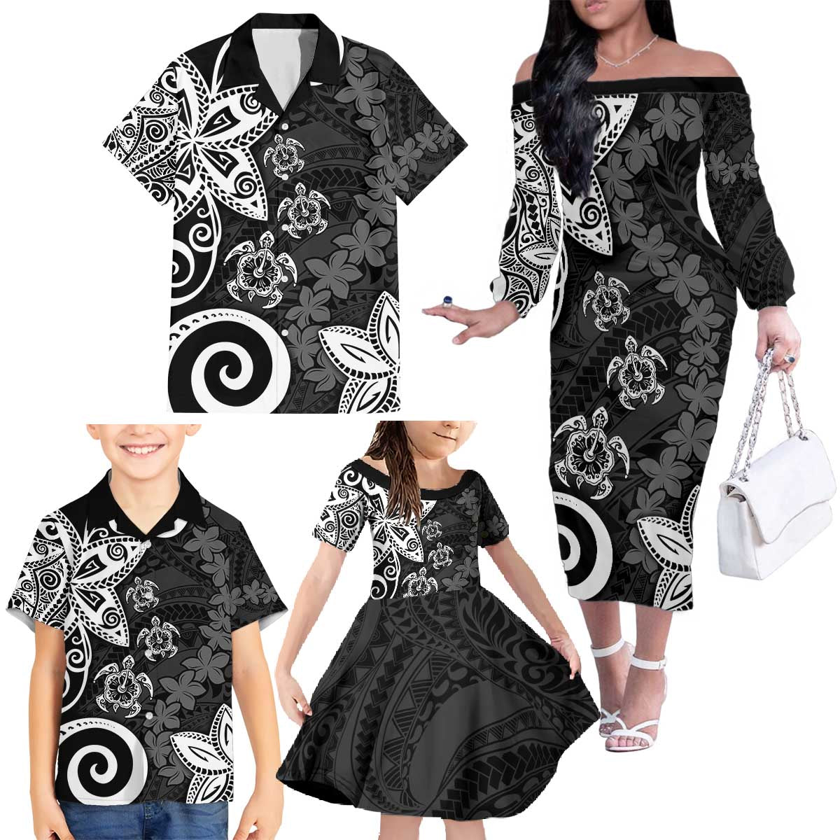 Polynesia Family Matching Off The Shoulder Long Sleeve Dress and Hawaiian Shirt Black Tribal Turtle Floral Pattern LT05 - Polynesian Pride