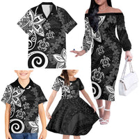 Polynesia Family Matching Off The Shoulder Long Sleeve Dress and Hawaiian Shirt Black Tribal Turtle Floral Pattern LT05 - Polynesian Pride