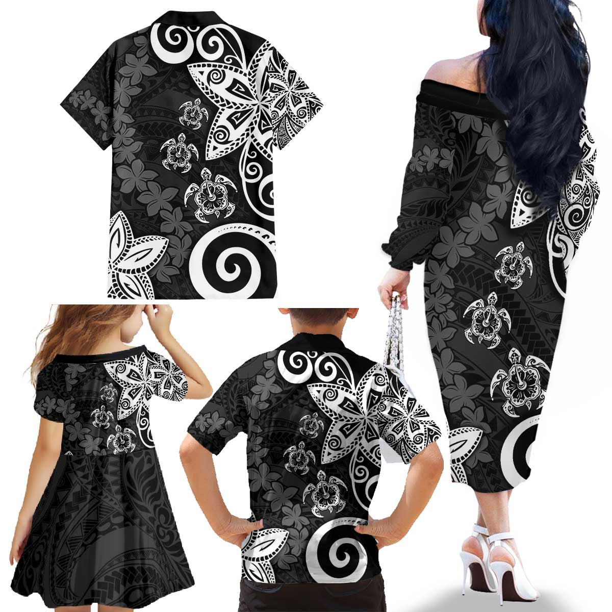 Polynesia Family Matching Off The Shoulder Long Sleeve Dress and Hawaiian Shirt Black Tribal Turtle Floral Pattern LT05 - Polynesian Pride