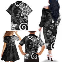 Polynesia Family Matching Off The Shoulder Long Sleeve Dress and Hawaiian Shirt Black Tribal Turtle Floral Pattern LT05 - Polynesian Pride