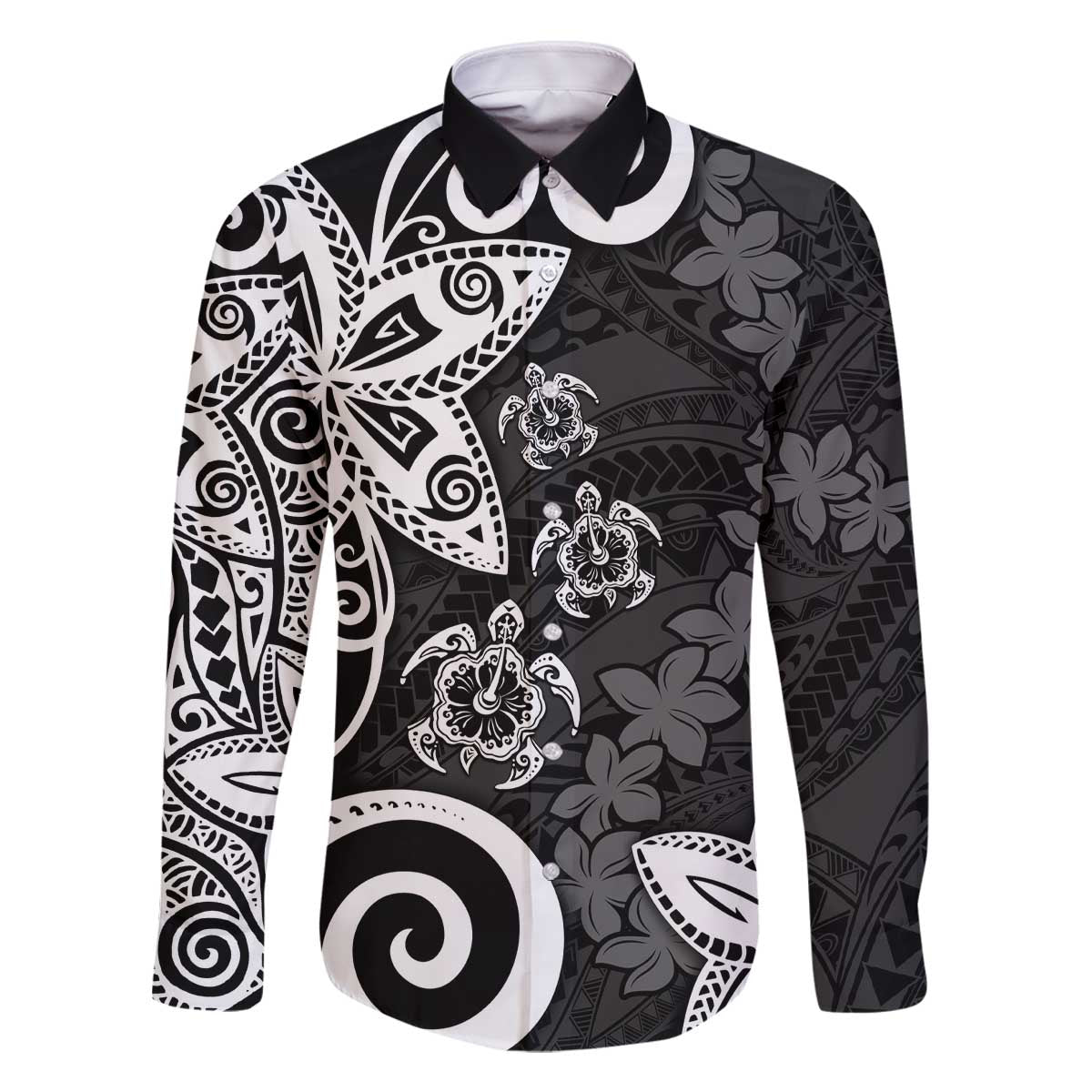 Polynesia Family Matching Off The Shoulder Long Sleeve Dress and Hawaiian Shirt Black Tribal Turtle Floral Pattern LT05 Dad's Shirt - Long Sleeve Black - Polynesian Pride