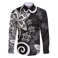 Polynesia Family Matching Off The Shoulder Long Sleeve Dress and Hawaiian Shirt Black Tribal Turtle Floral Pattern LT05 Dad's Shirt - Long Sleeve Black - Polynesian Pride