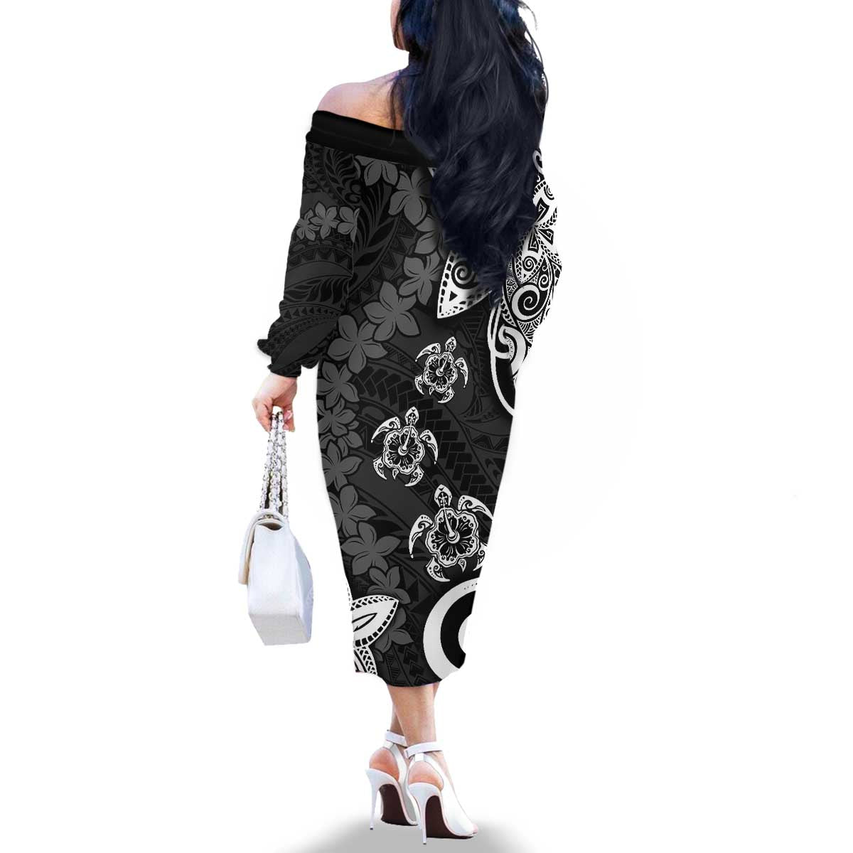 Polynesia Family Matching Off The Shoulder Long Sleeve Dress and Hawaiian Shirt Black Tribal Turtle Floral Pattern LT05 - Polynesian Pride